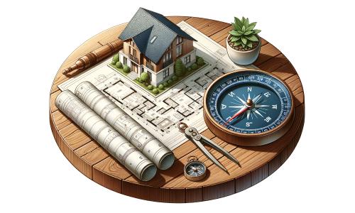 3D model of an investment property with architectural blueprints and navigation tools, symbolizing detailed planning for investment real estate loans, on a wooden background with a potted plant, for a savvy real estate investors.