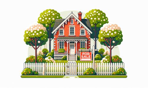 Charming red Victorian house for sale, depicted in a vibrant isometric illustration, nestled among lush green trees and encircled by a white picket fence, for potential real estate investors and homebuyers.